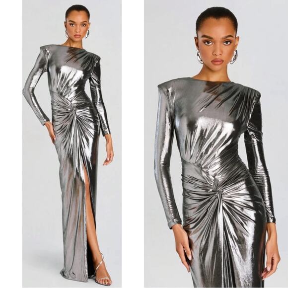 Retrofete Fenella Long Sleeve Ruched Twist Metallic Gunmetal Maxi Dress Size S - Picture 3 of 10